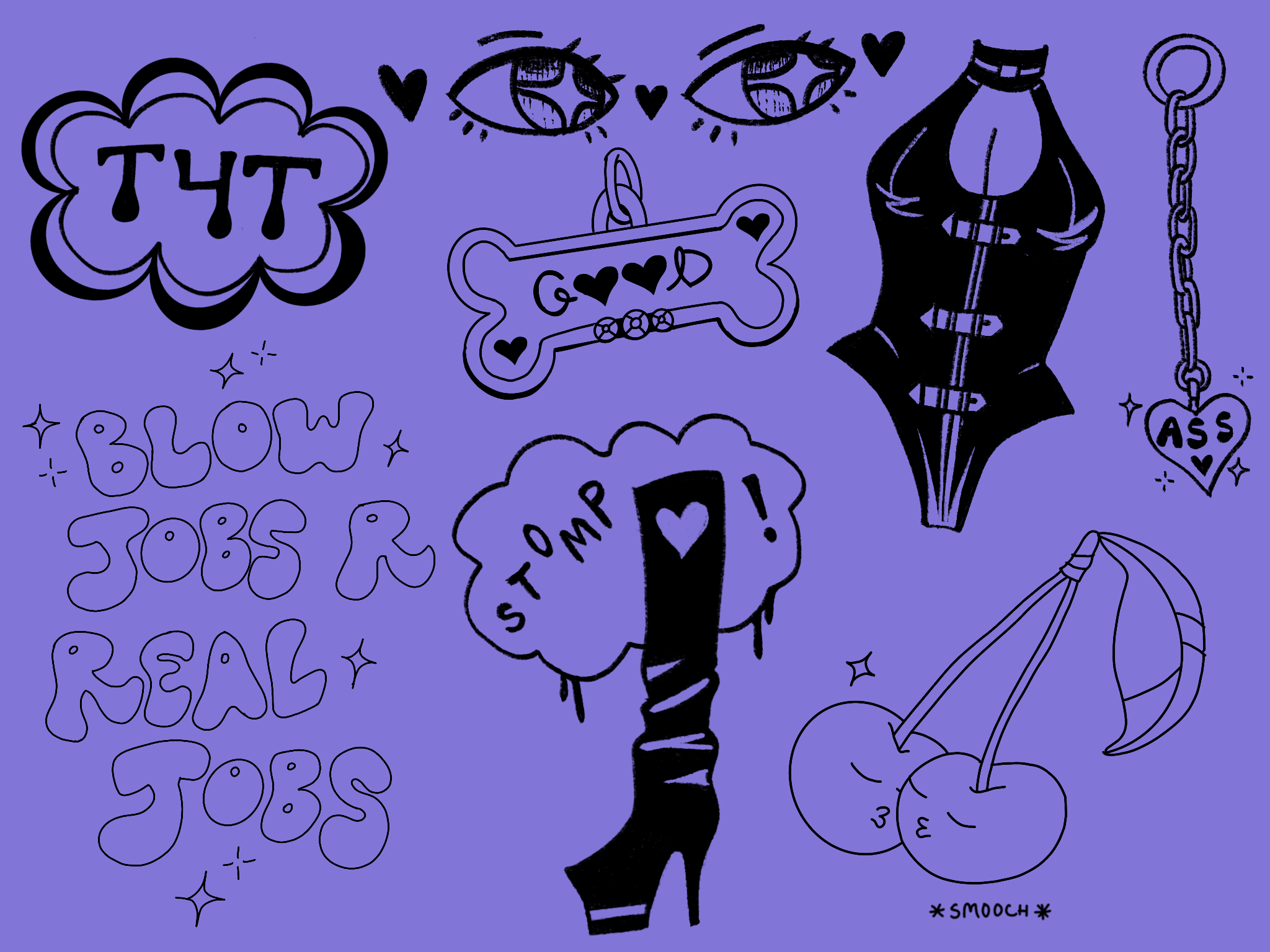 A tattoo flash sheet. Various tattoo designs in black on a purple background. Two cherries kissing, bubble letters that read “blow jobs r real jobs”, a dog bone tag that reads “good”, and a platform stiletto boot in mid-stomp are all among the designs.