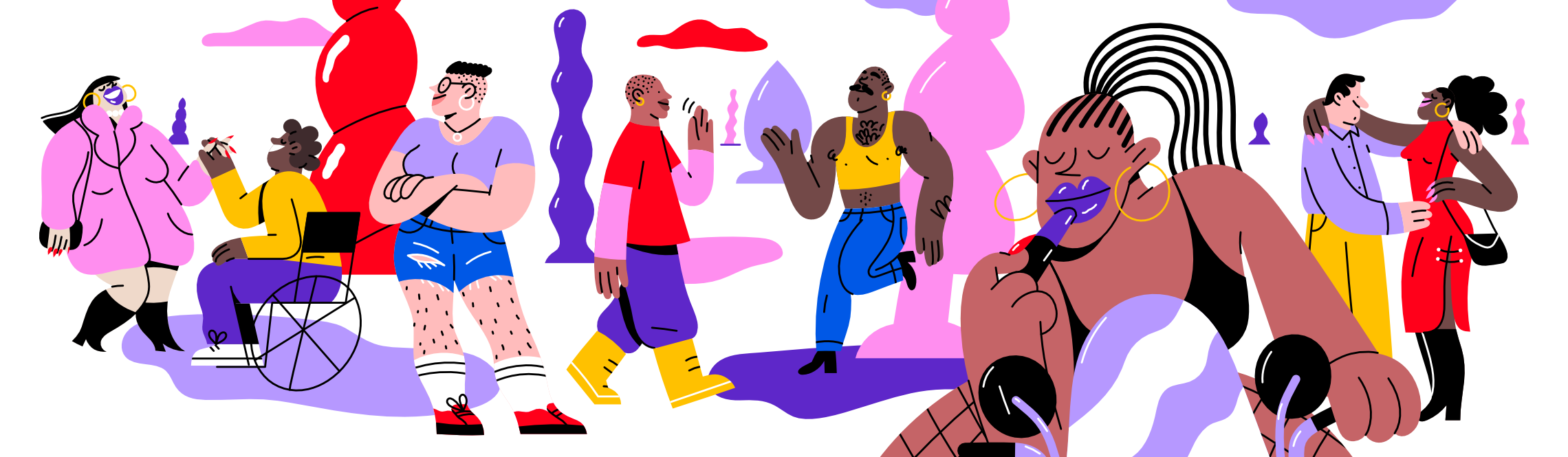 Illustration of happy and relaxed sex workers and their clients embracing, waving to each other, or applying lipstick