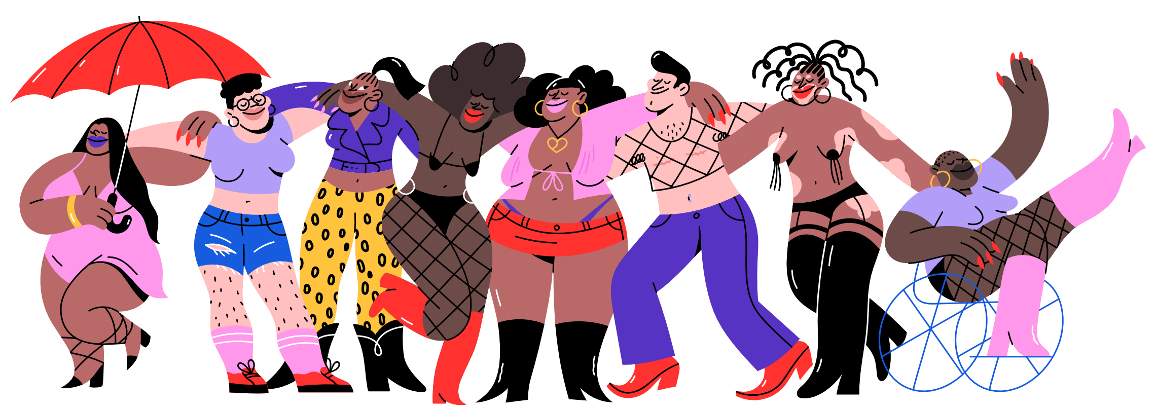Illustration sex workers from various backgrounds embracing