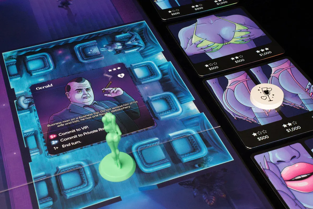 An image of the board game 'Nightshift', created by Exotic Cancer, featuring the board, a playing piece, and playing cards.