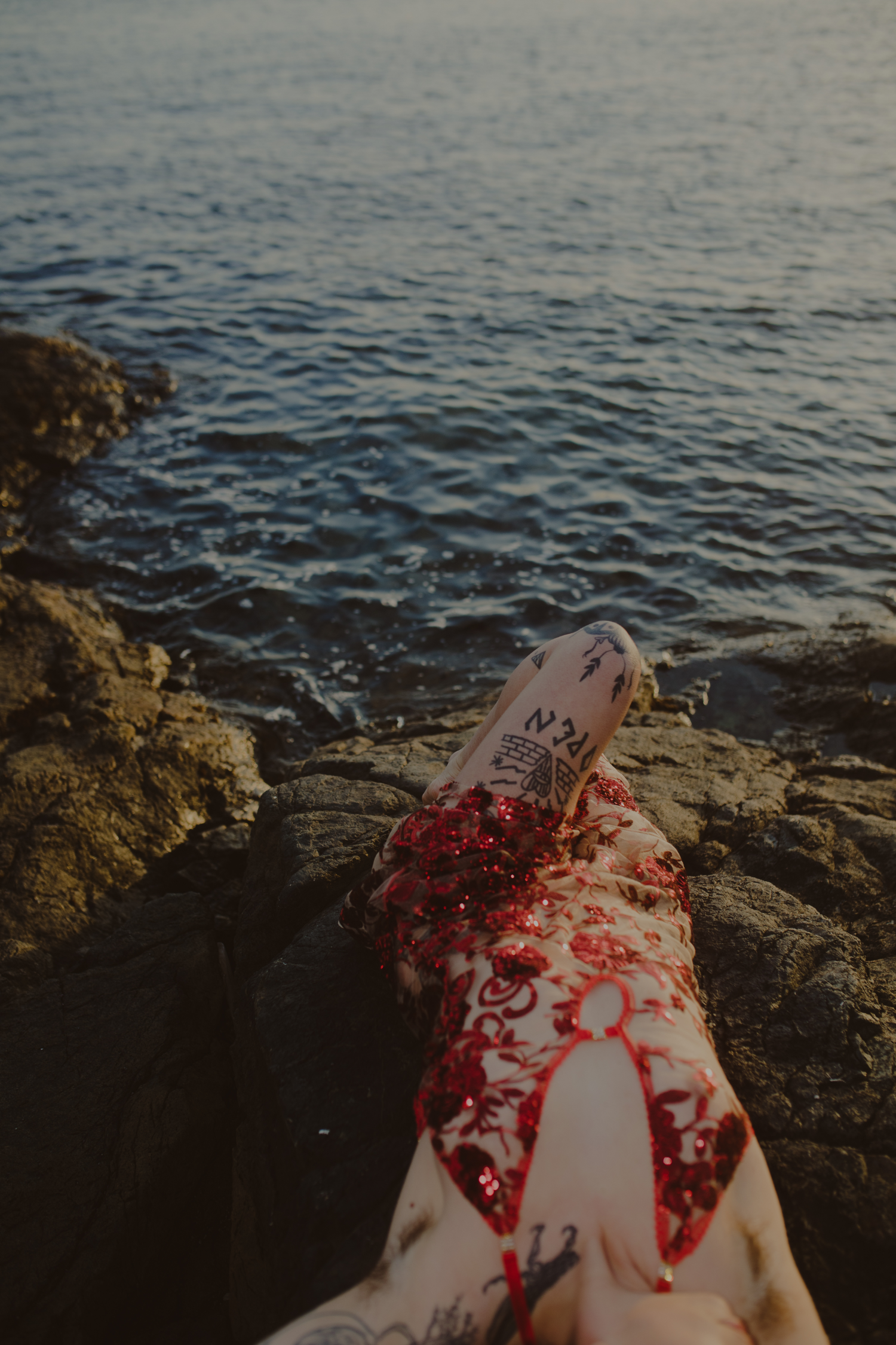 Rae De Rosa reclining on rocks by the ocean, wearing a sheer red sequinned dress.